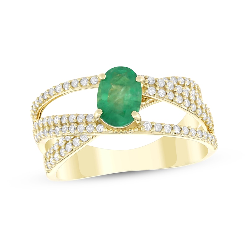 Main Image 1 of Previously Owned Oval-Cut Natural Emerald & Diamond Crossover Ring 3/8 ct tw 10K Yellow Gold