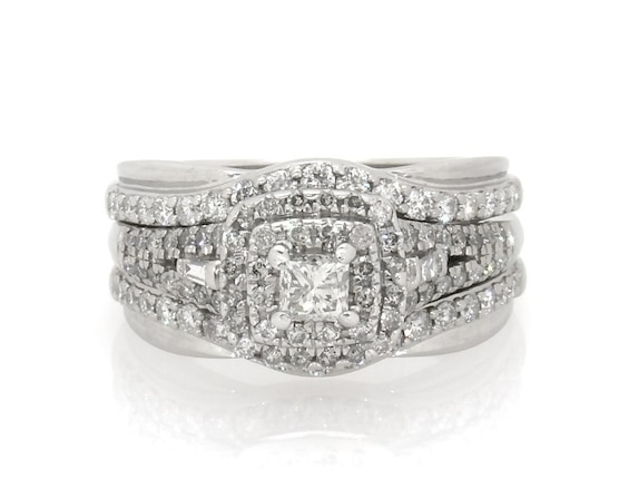 Previously Owned Princess-Cut Diamond Double Halo Bridal Set 1 ct tw 10K & 14K White Gold Size 7