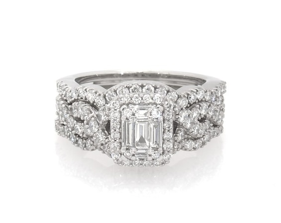 Previously Owned Baguette-Cut Multi-Diamond Halo Bridal Set 1-1/4 ct tw 14K White Gold Size