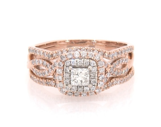 Previously Owned Princess-Cut Diamond Double Halo Bridal Set 7/8 ct tw 14K Two-Tone Gold Size