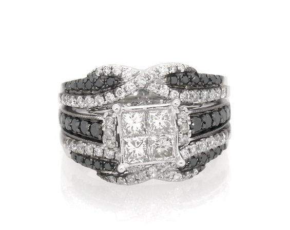Previously Owned Princess-Cut Quad Black & White Diamond Bridal Set 1-3/8 ct tw 14K White Gold Size 5.25