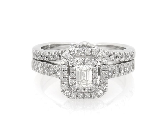 Previously Owned Emerald-Cut Diamond Double Halo Bridal Set 1/2 ct tw 10K White Gold Size 4.5