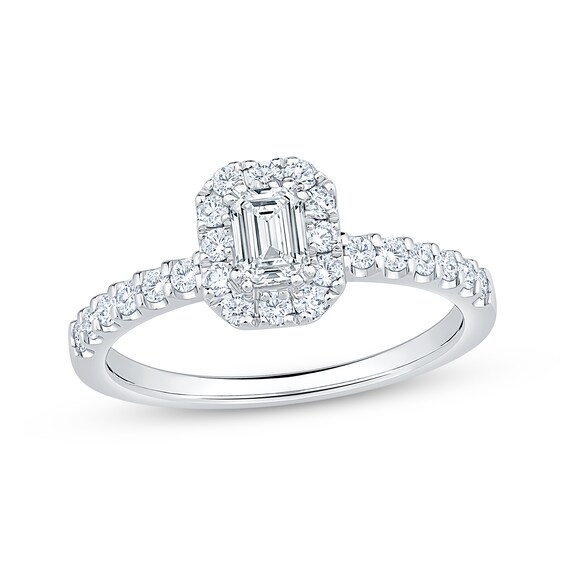 Previously Owned Emerald-Cut Diamond Halo Engagement Ring 3/4 ct tw 14K White Gold