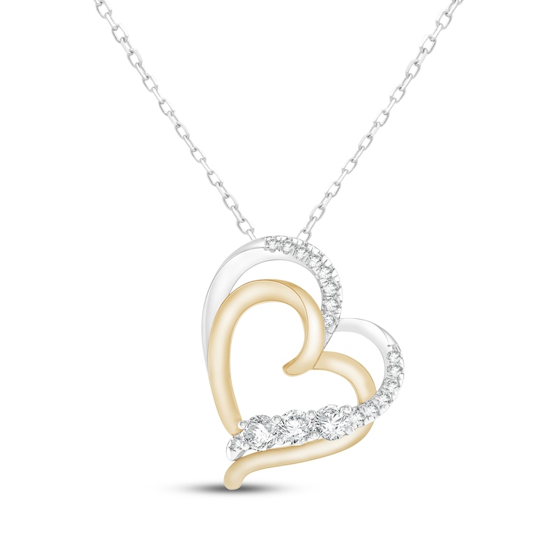 Main Image 1 of Previously Owned Memories Moments Magic Lab-Grown Diamond Double Heart Necklace 1/2 ct tw 10K Two-Tone Gold 18"