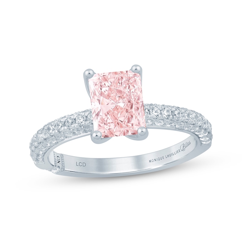 Main Image 1 of Previously Owned Monique Lhuillier Bliss Radiant-Cut Peach-Pink & White Lab-Grown Diamond Engagement Ring 2-1/2 ct tw 18K White Gold