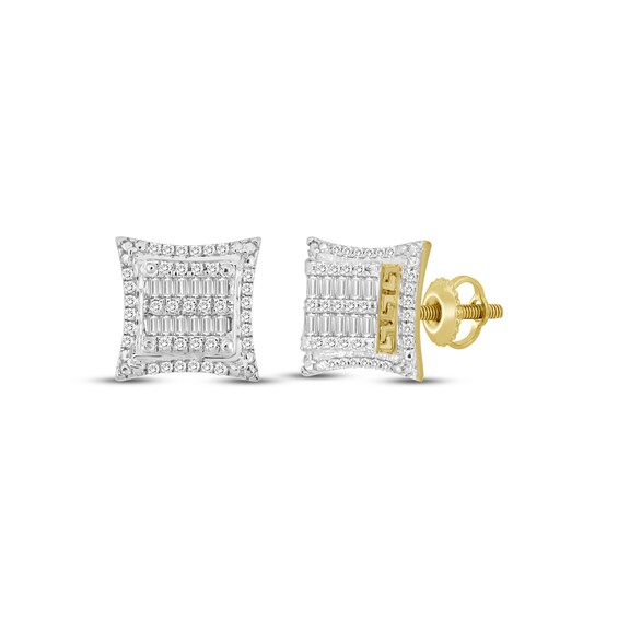 Previously Owned Men's Baguette & Round-Cut Diamond Greek Key Stud Earrings 1/4 ct tw 10K Yellow Gold
