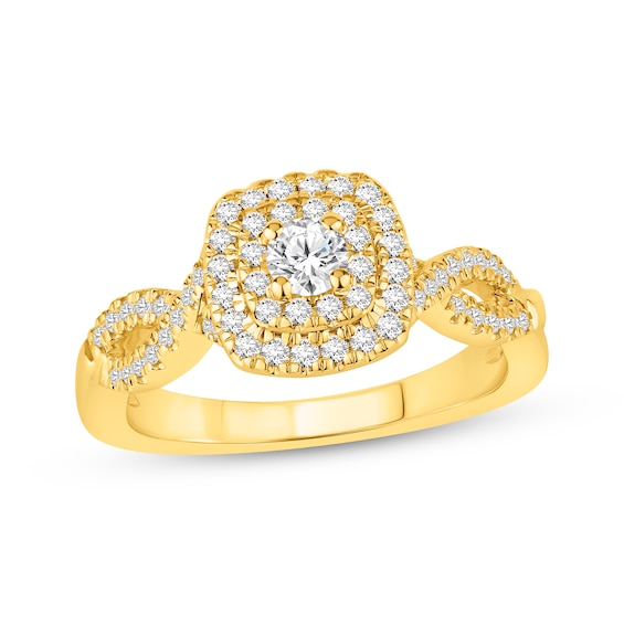 Previously Owned Round-Cut Diamond Double Halo Engagement Ring 1/2 ct tw 10K Yellow Gold