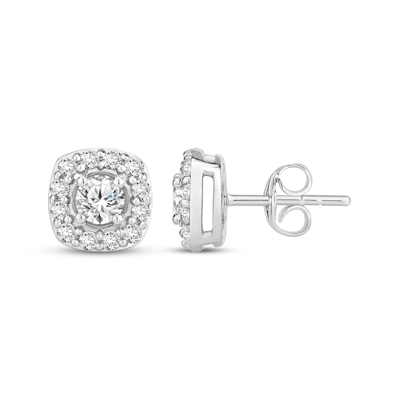 Main Image 1 of Previously Owned Diamond Cushion-Shaped Halo Stud Earrings 1 ct tw 10K White Gold