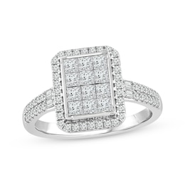Previously Owned Princess-Cut Multi-Diamond Center Elongated Cushion Engagement Ring 1 ct tw 14K White Gold