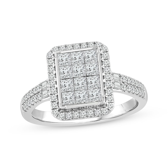 Previously Owned Princess-Cut Multi-Diamond Center Elongated Cushion Engagement Ring 1 ct tw 14K White Gold