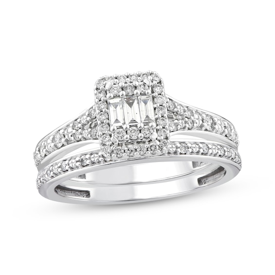 Previously Owned Baguette & Round-Cut Multi-Diamond Halo Engagement Ring 1/3 ct tw 10K White Gold