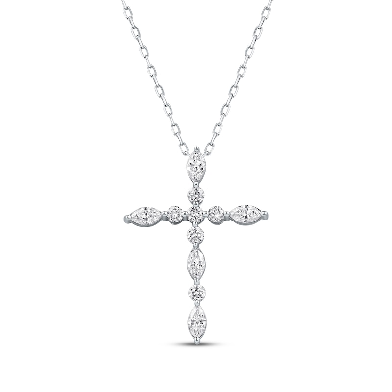Main Image 1 of Previously Owned KAY Lab-Grown Diamonds Marquise & Round-Cut Cross Necklace 3/4 ct tw 10K White Gold 18"