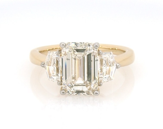 Previously Owned Memories Moments Magic Emerald-Cut Lab-Grown Diamond Three-Stone Engagement Ring 3-7/8 ct tw 14K Yellow Gold