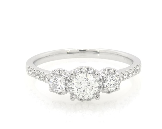 Previously Owned THE LEO Ideal Cut Diamond Halo Three-Stone Engagement Ring 1 ct tw 14K White Gold