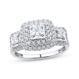Previously Owned Princess-Cut Diamond Three-Stone Halo Engagement Ring 1 ct tw 10K White Gold