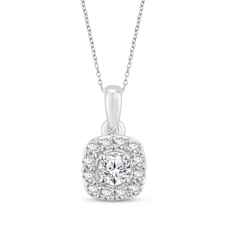 Main Image 1 of Previously Owned Diamond Cushion-Shaped Halo Necklace 1/2 ct tw 10K White Gold 18"