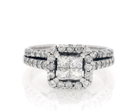 Previously Owned Princess-Cut Quad Diamond Halo Bridal Set 1-1/5 ct tw 14K White Gold Size