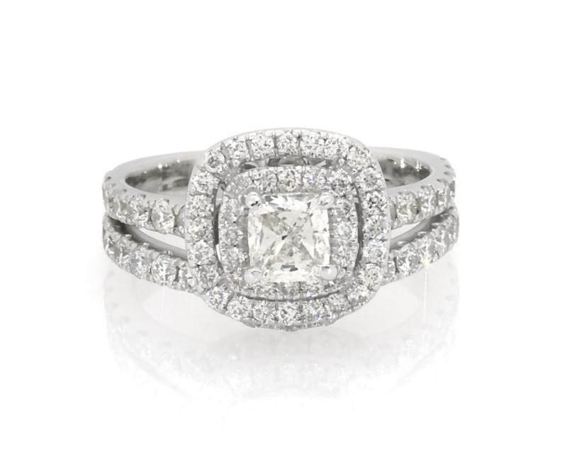 Main Image 1 of Previously Owned Neil Lane Cushion-Cut Diamond Double Halo Bridal Set 1-1/2 ct tw 14K White Gold Size 5.5