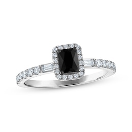 Previously Owned Emerald-Cut Black & White Diamond Halo Engagement Ring 5/8 ct tw 14K White Gold
