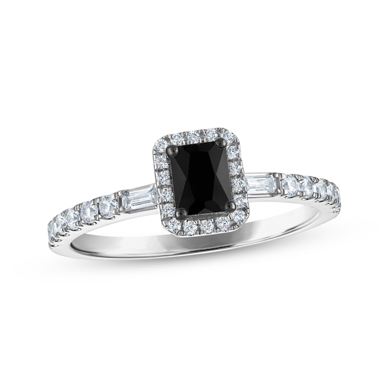 Previously Owned Emerald-Cut Black & White Diamond Halo Engagement Ring 5/8 ct tw 14K White Gold