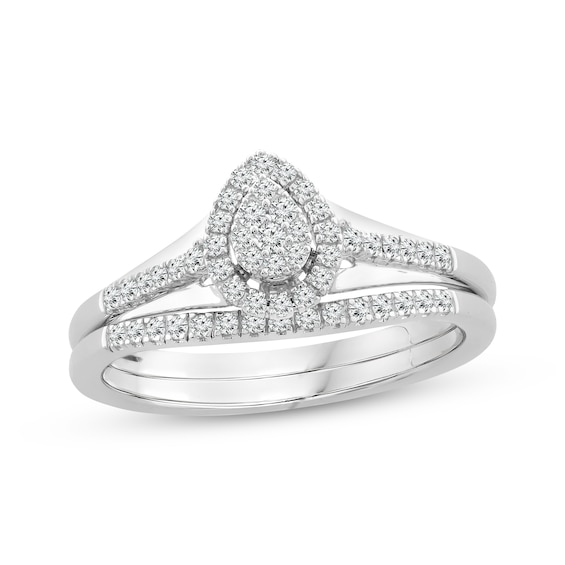 Previously Owned Pear-Shaped Multi-Diamond Center & Pink Sapphire Bridal Set 1/4 ct tw 10K White Gold