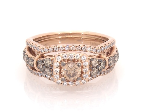 Previously Owned Round-Cut Brown & White Diamond Bridal Set 1 ct tw 14K Rose Gold Size 7