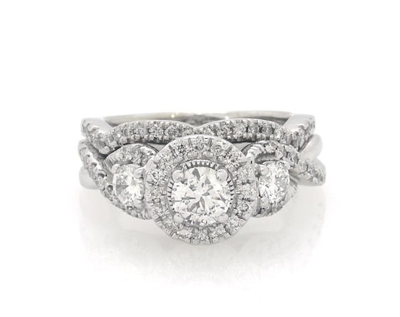 Previously Owned Round-Cut Diamond Halo Three-Stone Bridal Set 7/8 ct tw 14K White Gold Size 6