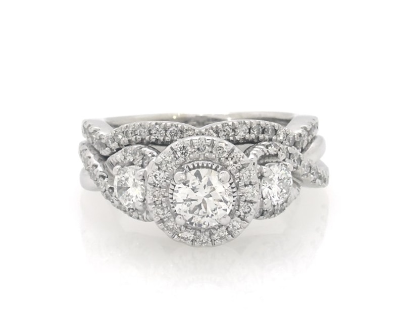 Main Image 1 of Previously Owned Round-Cut Diamond Halo Three-Stone Bridal Set 7/8 ct tw 14K White Gold Size 6