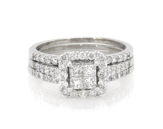 Previously Owned Princess-Cut Quad Diamond Halo Bridal Set 1-3/8 ct tw 14K White Gold Size 8.75