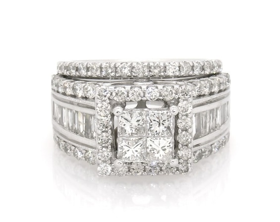 Previously Owned Princess-Cut Quad Diamond Halo Bridal Set 2-1/5 ct tw 14K White Gold Size 4.75