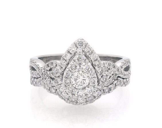 Previously Owned Multi-Diamond Pear Frame Halo Diamond Bridal Set 1-1/5 ct tw 14K White Gold Size 8