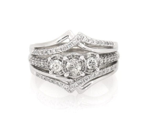 Previously Owned Round-Cut Diamond Halo Three-Stone Engagement Ring 5/8 ct tw 10K & 14K White Gold Size 7.5
