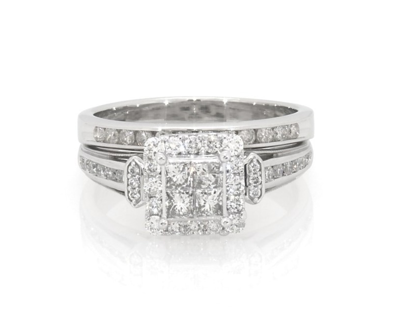 Main Image 1 of Previously Owned Princess-Cut Quad Diamond Halo Bridal Set 7/8 ct tw 10K & 14K White Gold Size 8.5