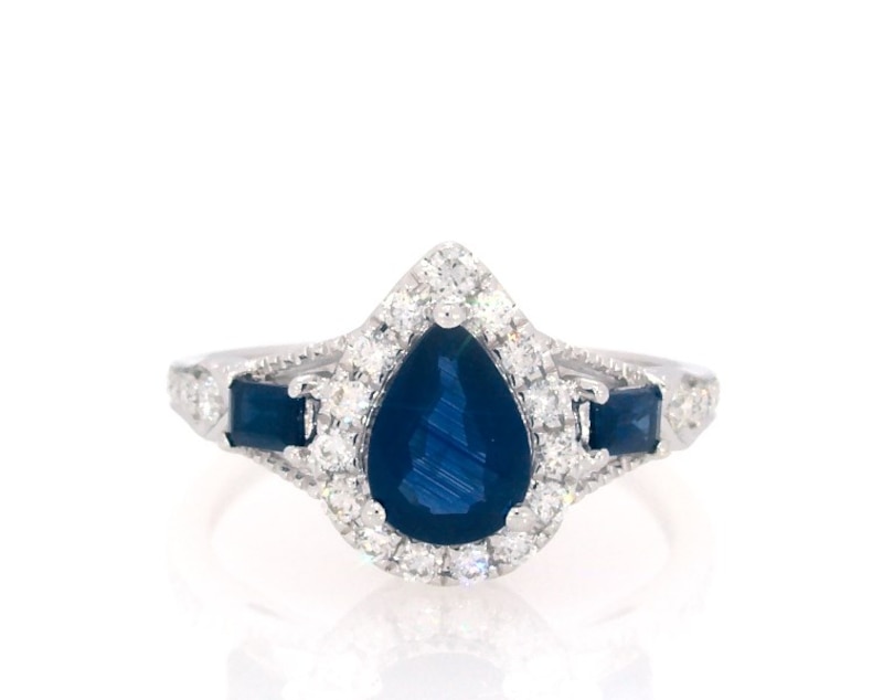 Main Image 1 of Previously Owned Pear-Shaped & Baguette-Cut Blue Sapphire & Diamond Ring 1/5 ct tw 10K White Gold