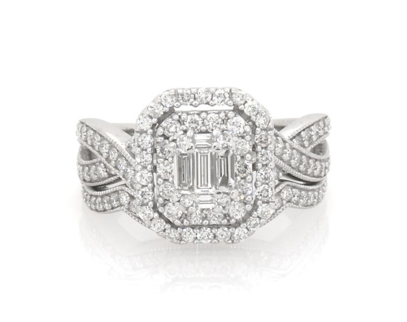 Main Image 1 of Previously Owned Baguette-Cut Diamond Double Halo Bridal Set 1-1/8 ct tw 14K White Gold Size 8.25