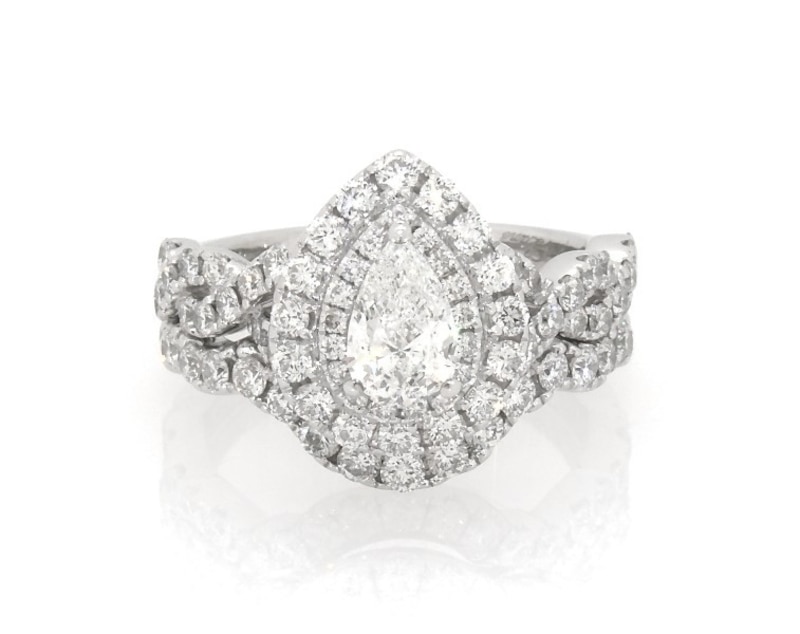 Main Image 1 of Previously Owned Neil Lane Pear-Shaped Diamond Double Halo Bridal Set 1-5/8 ct tw 14K White Gold Size 4.75
