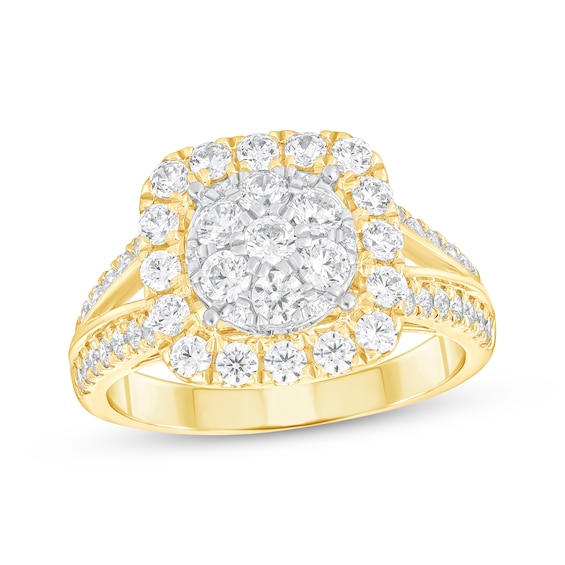 Previously Owned Multi-Diamond Cushion Halo Engagement Ring 1-3/8 ct tw 10K Two-Tone Gold
