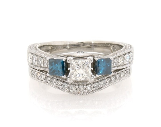 Previously Owned Princess-Cut White & Blue Diamond Three-Stone Bridal Set 1 ct tw 14K White Gold Size 6
