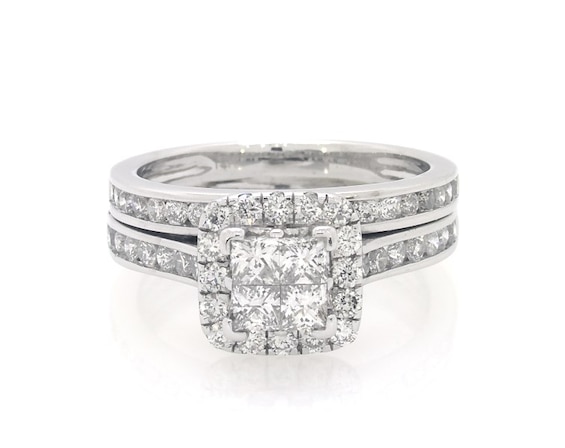 Previously Owned Princess-Cut Quad Diamond Halo Bridal Set 1-1/5 ct tw 14K White Gold Size 6.5