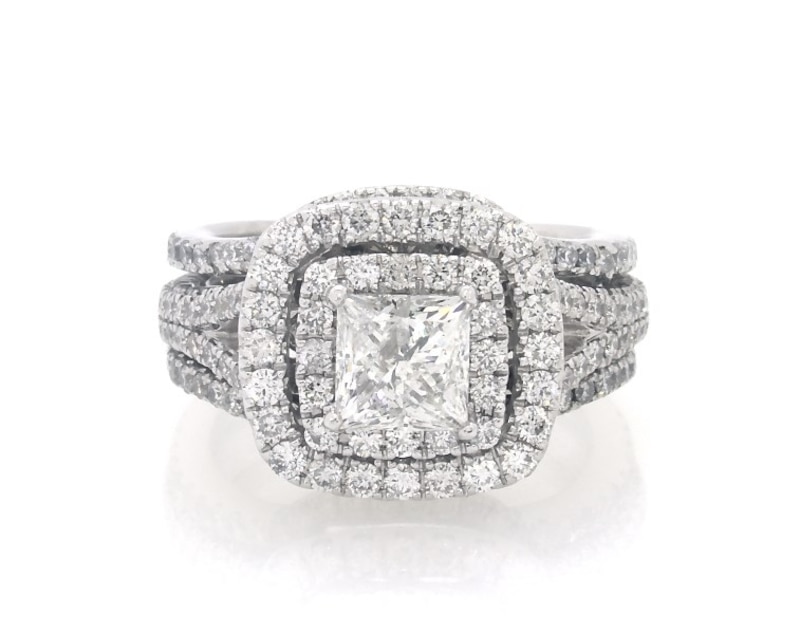 Main Image 1 of Previously Owned Neil Lane Princess-Cut Diamond Double Halo Bridal Set 2-3/8 ct tw 14K White Gold Size 7
