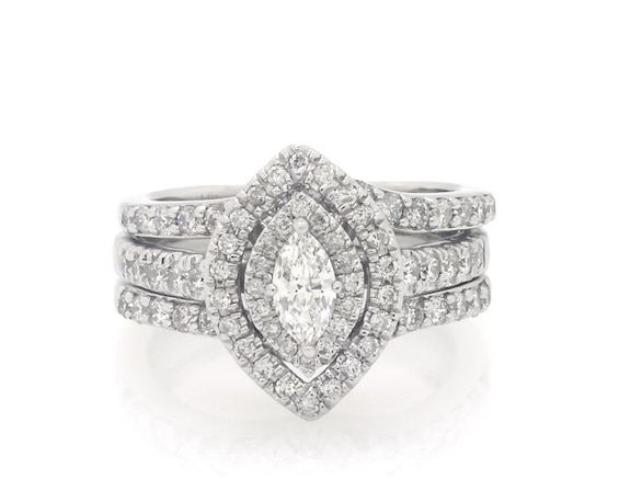 Previously Owned Marquise-Cut Diamond Double Halo Bridal Set 7/8 ct tw 14K White Gold Size 4.75