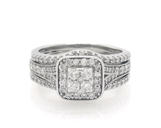 Previously Owned Round-Cut Multi-Diamond Halo Bridal Set 5/8 ct tw 10K & 14K White Gold Size 5.5