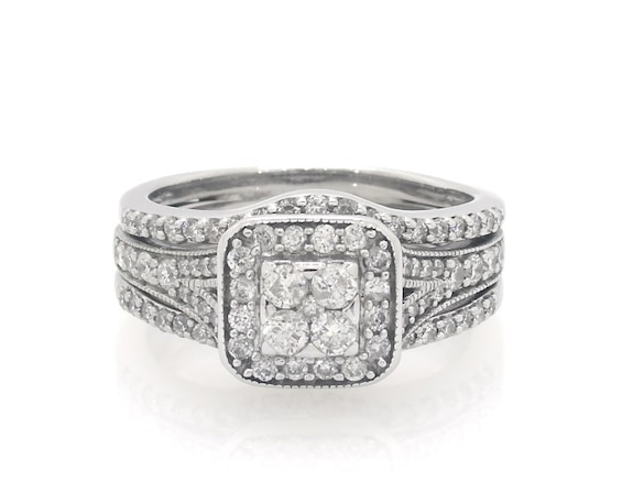Previously Owned Round-Cut Multi-Diamond Halo Bridal Set 5/8 ct tw 10K & 14K White Gold Size 5.5