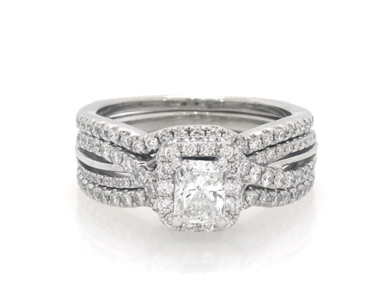 Main Image 1 of Previously Owned Neil Lane Radiant-Cut Diamond Halo Bridal Set 1-3/8 ct tw 14K White Gold Size 6.5