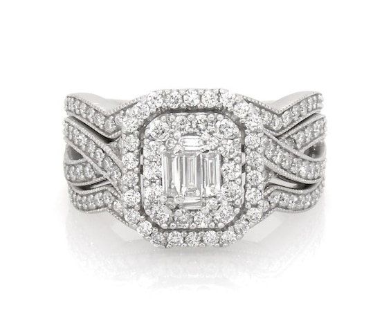 Previously Owned Baguette-Cut Diamond Double Halo Bridal Set 1-1/3 ct tw 14K White Gold Size 8.25