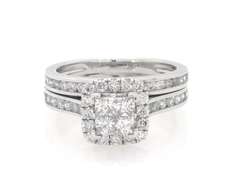 Main Image 1 of Previously Owned Princess-Cut Quad Diamond Halo Bridal Set 1-1/5 ct tw 14K White Gold Size 5