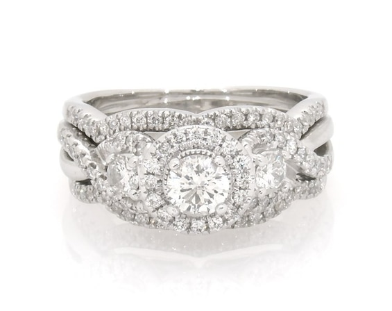 Previously Owned Round-Cut Diamond Halo Three-Stone Bridal Set 1 ct tw 14K White Gold Size 6