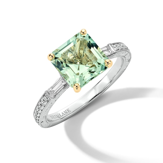 Previously Owned Neil Lane Square Emerald-Cut Green Quartz Engagement Ring 3/8 ct tw Diamond 14K White Gold