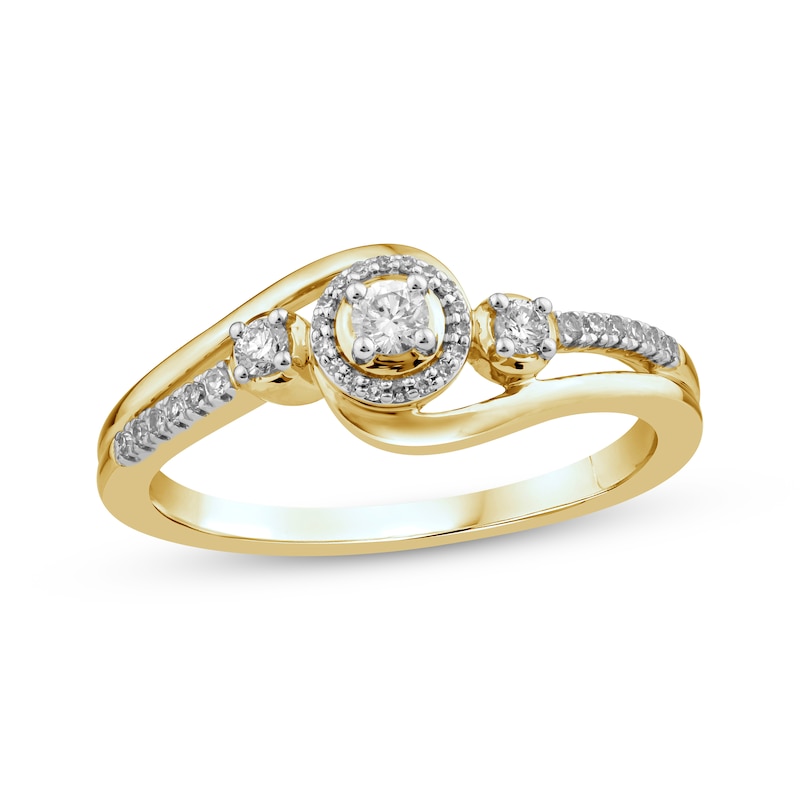 Main Image 1 of Previously Owned Memories, Moments, Magic Diamond Three-Stone Halo Promise Ring 1/5 ct tw 10K Yellow Gold