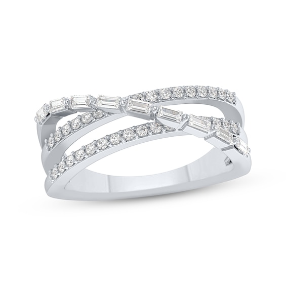 Previously Owned Baguette & Round-Cut Diamonds Three-Row Crossover Ring 1/2 ct tw 10K White Gold